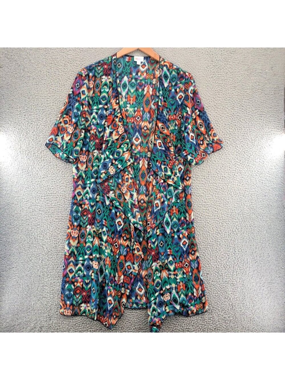 LuLaRoe Top Womens Medium Shirley Blue Multi Ikat Tribal Kimono Open Waterfall